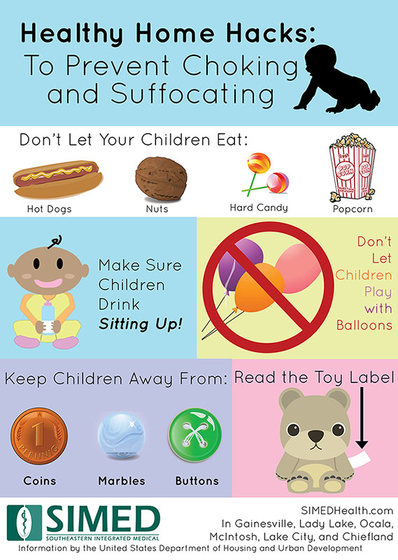 infographic on ways to prevent choking and suffocating in young children as part of a healthy home tip or hack