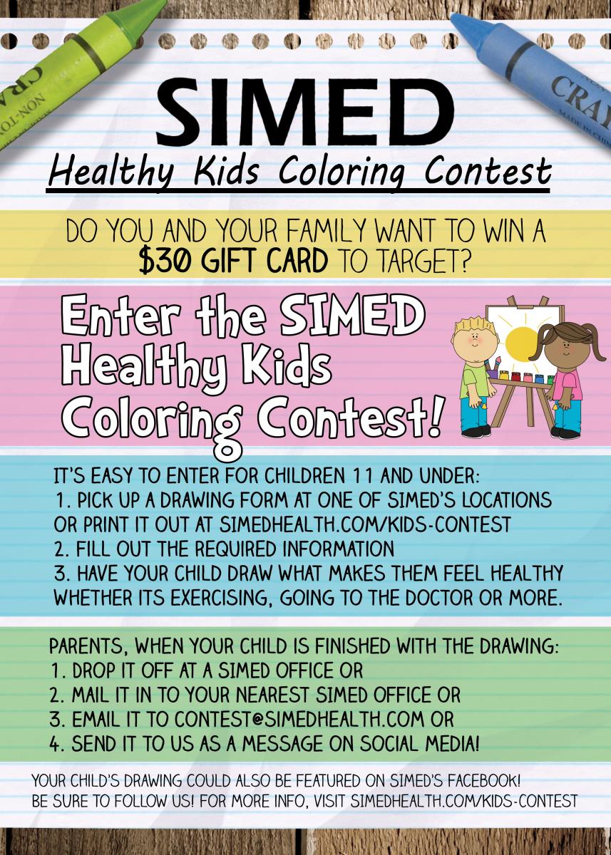 SIMED Healthy Kids Art Contest Flyer with Crayons, paper, children drawing and information