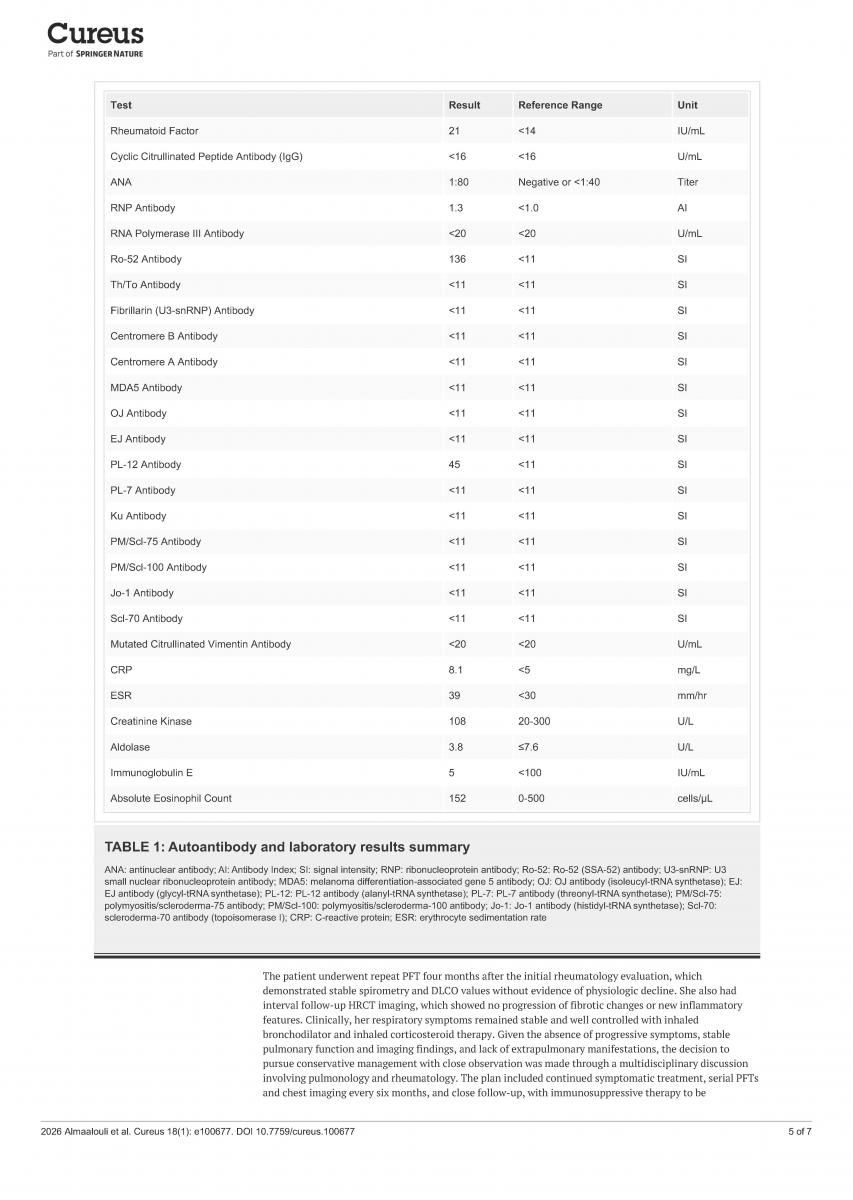 A case report of long-term nonprogressive Interstitial Lung Disease; Table of Autoantibody and laboratoryresults summary.