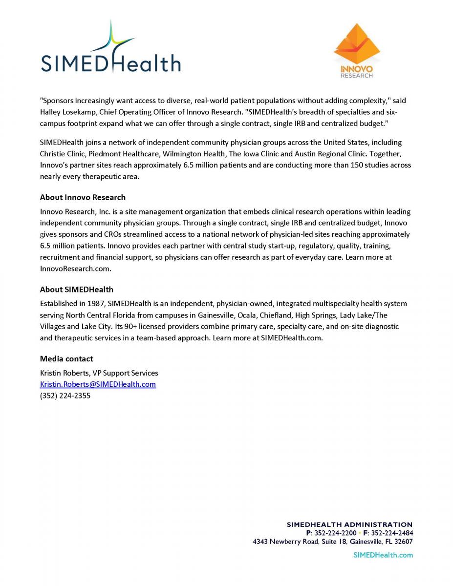 Press Release: SIMEDHealth Joins Innovo Research Network, pg 2
