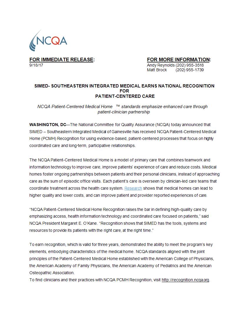 press release from NCQA on SIMED earning recognition