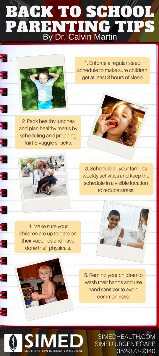 infographic with back to school health tips for parents