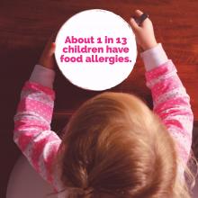 A young girl stares at a bowl that includes a statistic about food allergies.