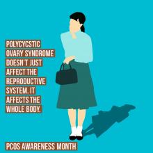 Woman standing with a background behind her and information about polycystic ovarian syndrome or PCOD